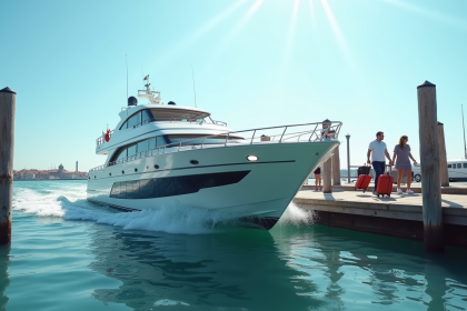 Taxi d'eau moderne arrivant au quai de l'aéroport de Venise