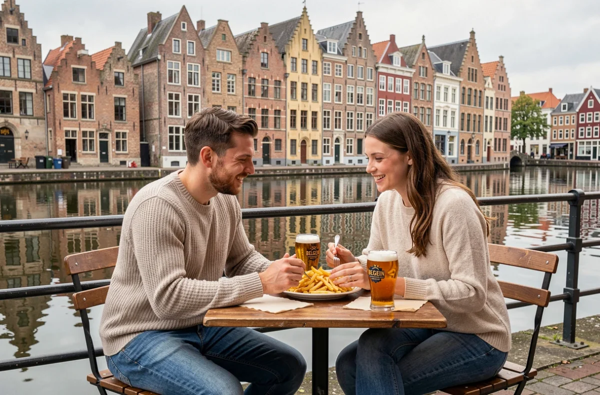 Couple partageant des frites belges en terrasse au bord du canal de Gand, expérience abordable dans une ville belge