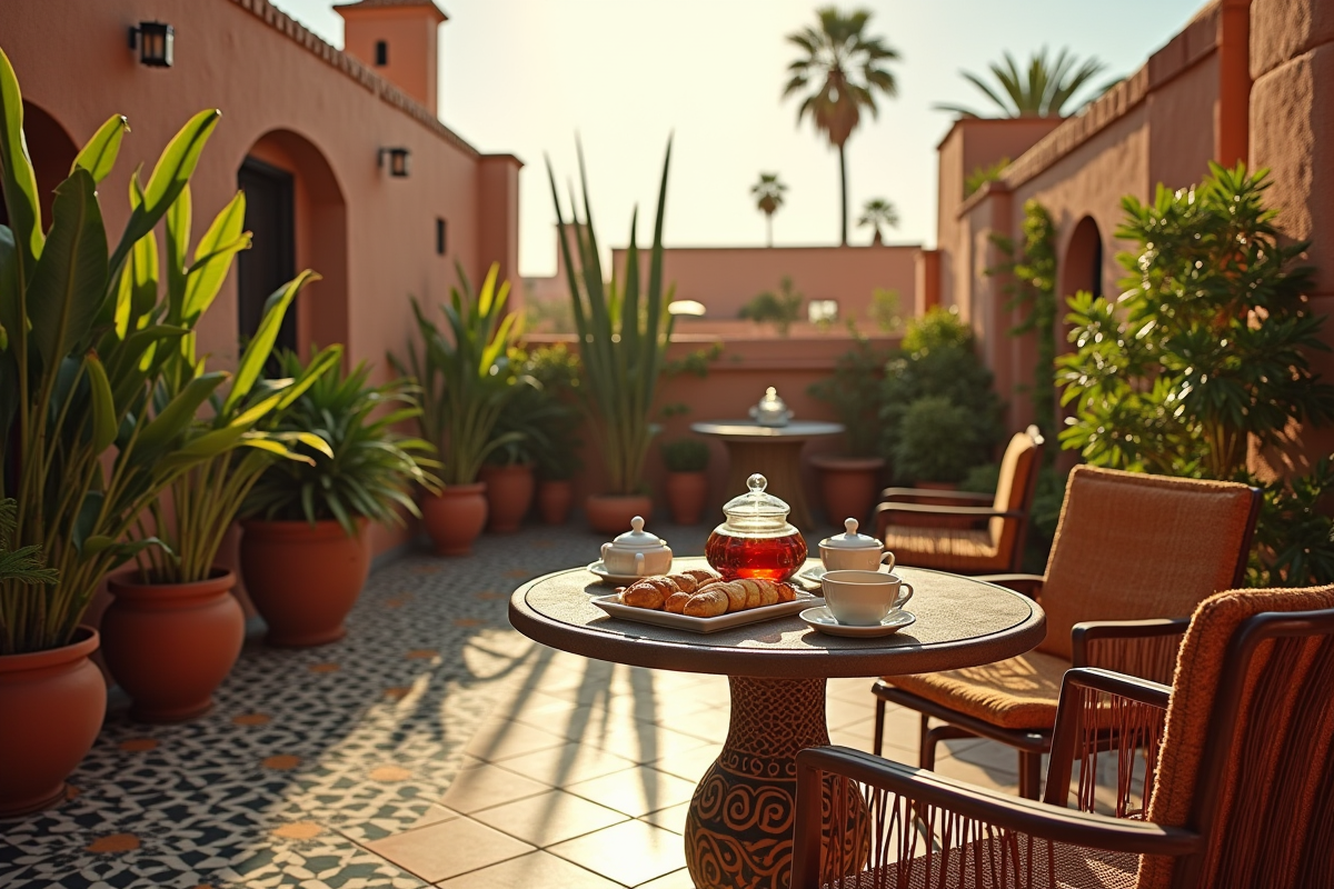 Terrasse paisible à Marrakech avec mosaïque et petit déjeuner