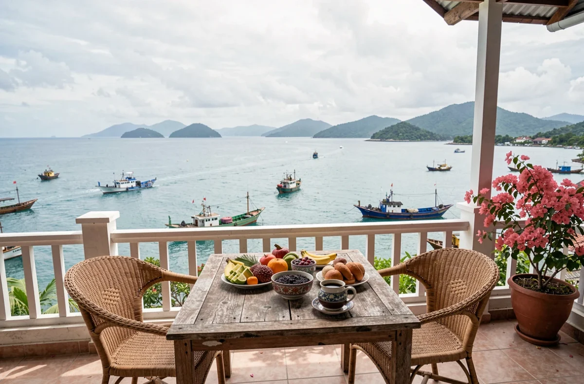 Terrasse en rooftop d'une guesthouse de Padangbai avec petit-déjeuner balinais et vue panoramique sur la baie et les bateaux de pêche