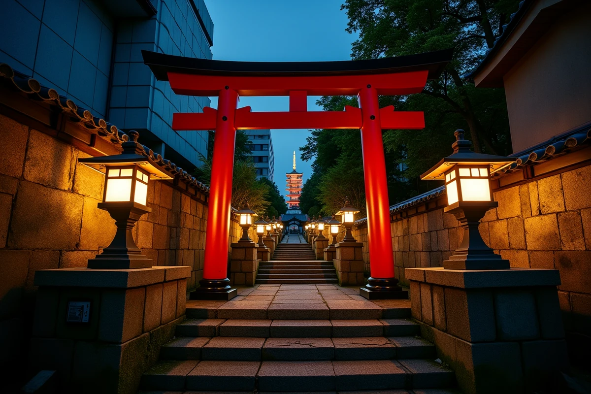 Torii rouge d'un sanctuaire shinto la nuit à Asakusa, lanternes en pierre et ambiance traditionnelle japonaise