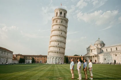 Vue grand angle de la Tour de Pise depuis la Piazza dei Miracoli avec des touristes et la cathédrale en arrière-plan
