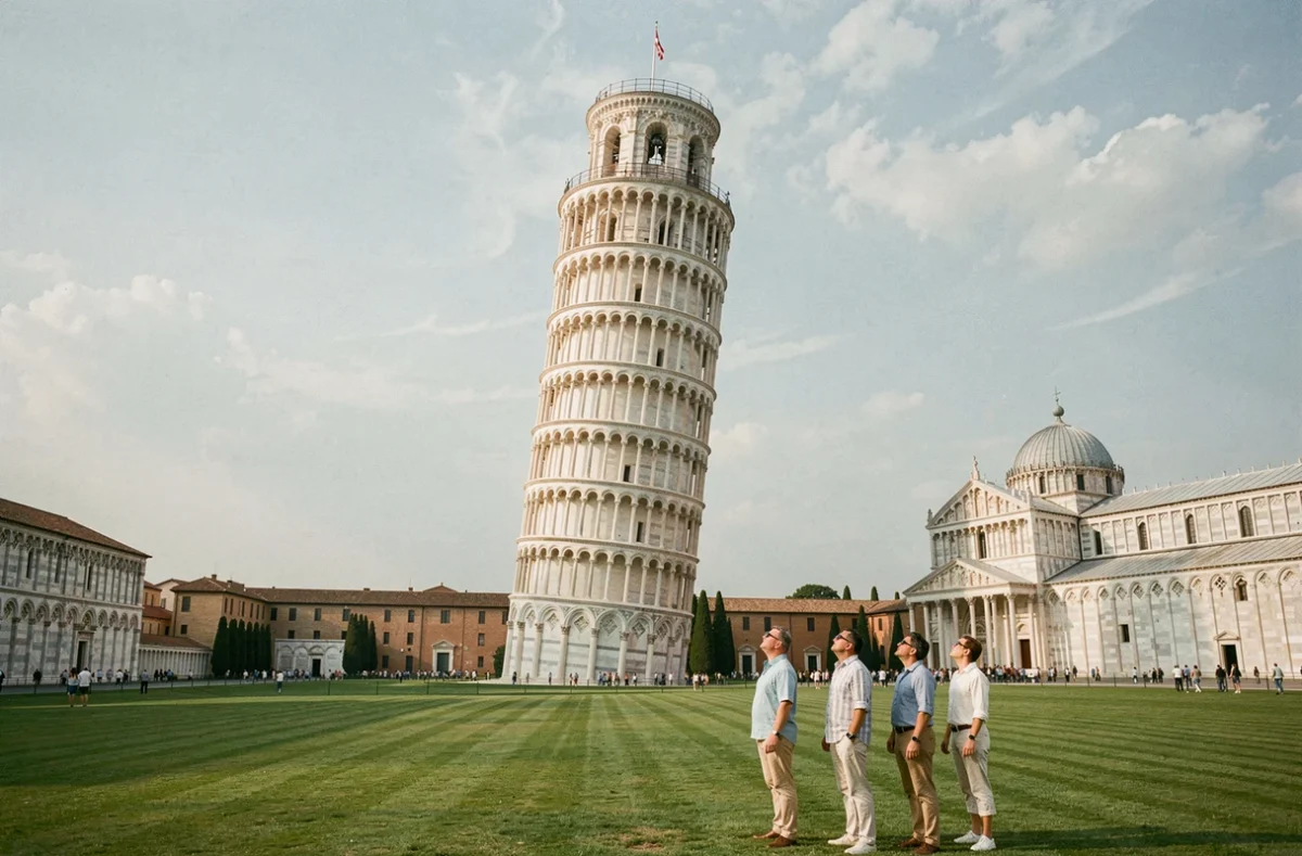 Vue grand angle de la Tour de Pise depuis la Piazza dei Miracoli avec des touristes et la cathédrale en arrière-plan