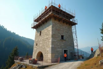 Travaux de rénovation sur la Tour de Piz en 2026 avec échafaudages et ouvriers en gilets orange