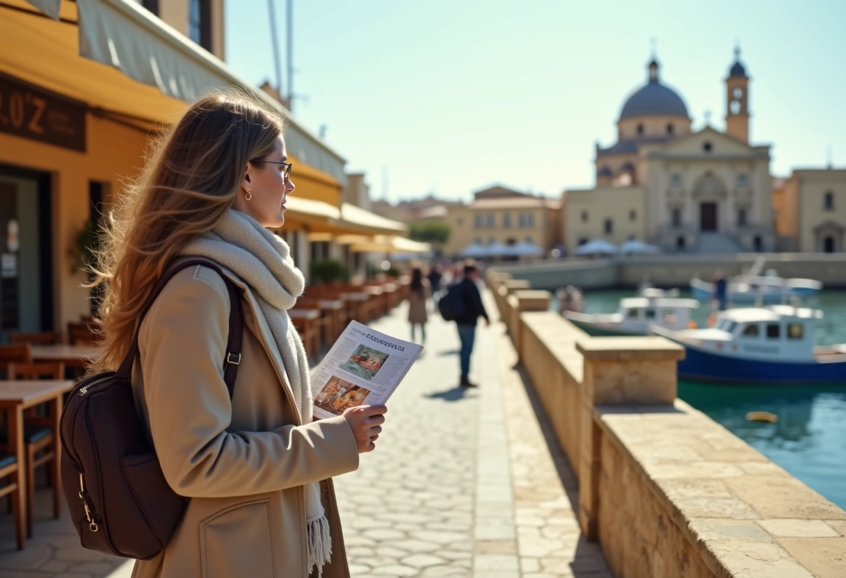 Jeune femme regardant le port de Marsaxlokk en vacances