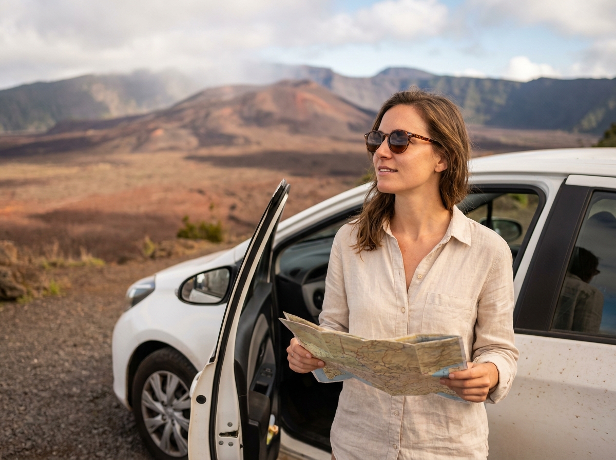 Touriste en voiture de location catégorie C au bord du Piton de la Fournaise à la Réunion