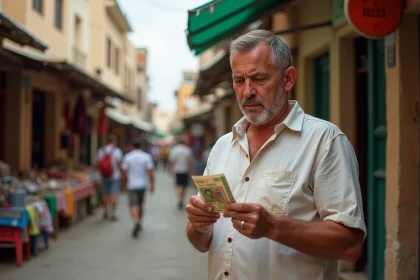 Homme perplexe examine une monnaie locale &agrave; Zanzibar
