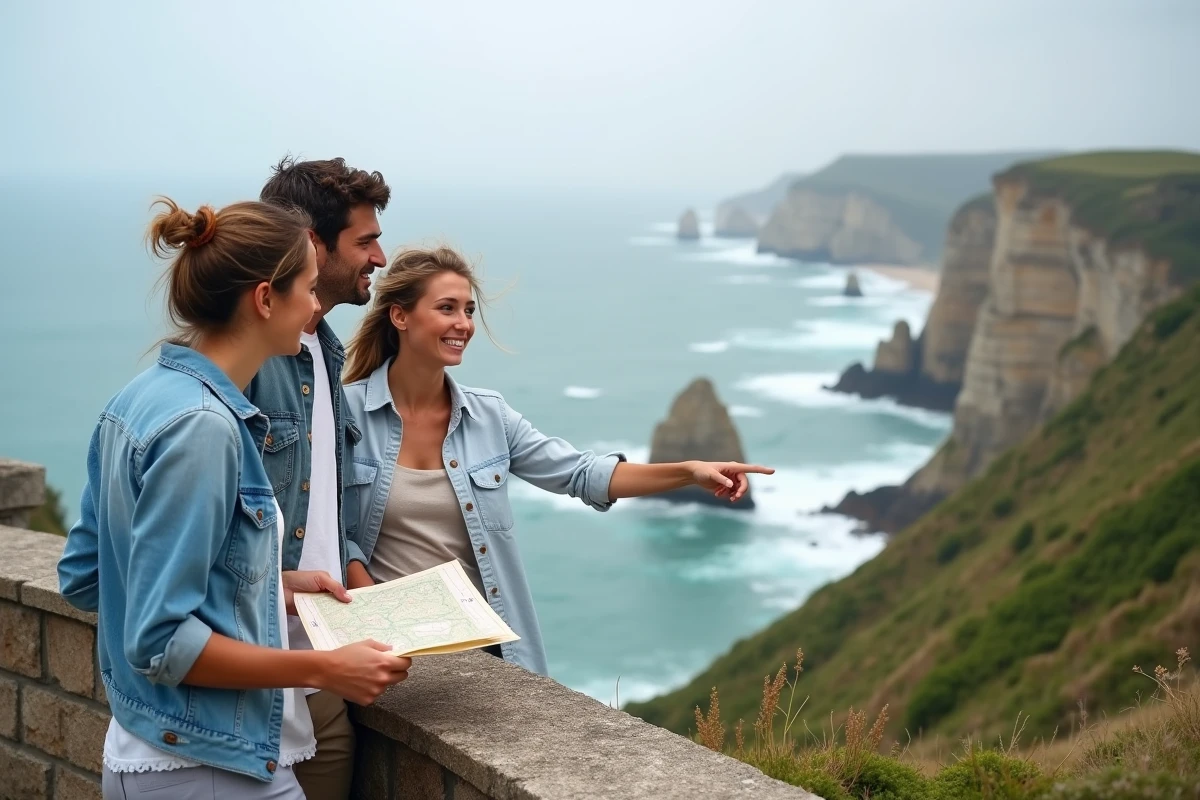 Touristes explorant les falaises sauvages de la côte basque atlantique près de Biarritz avec carte en main