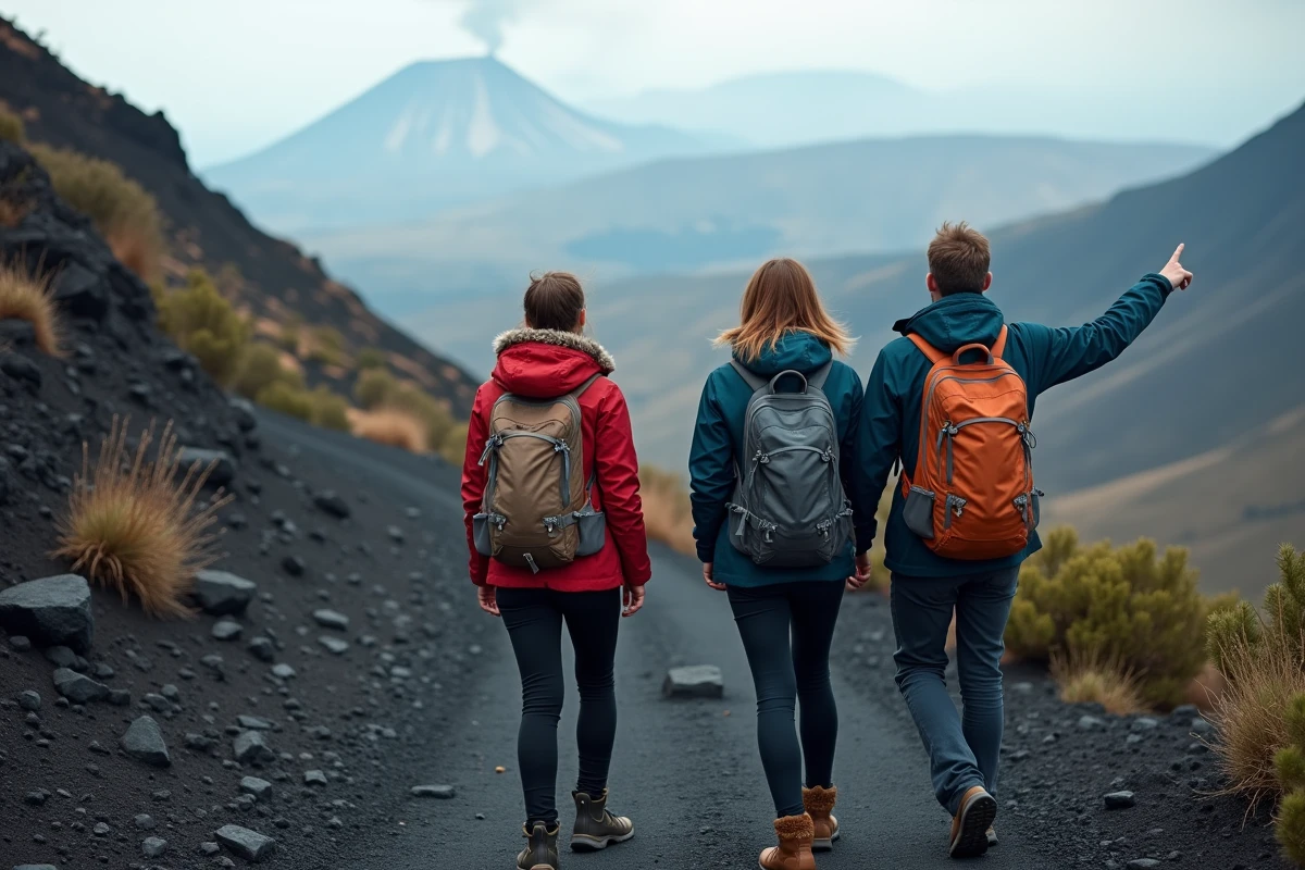 Groupe de touristes en randonnée sur les pentes de l'Etna en Sicile observant la fumée du volcan