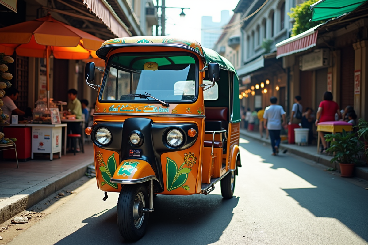 Tuk tuk coloré stationné dans une rue animée de Bangkok