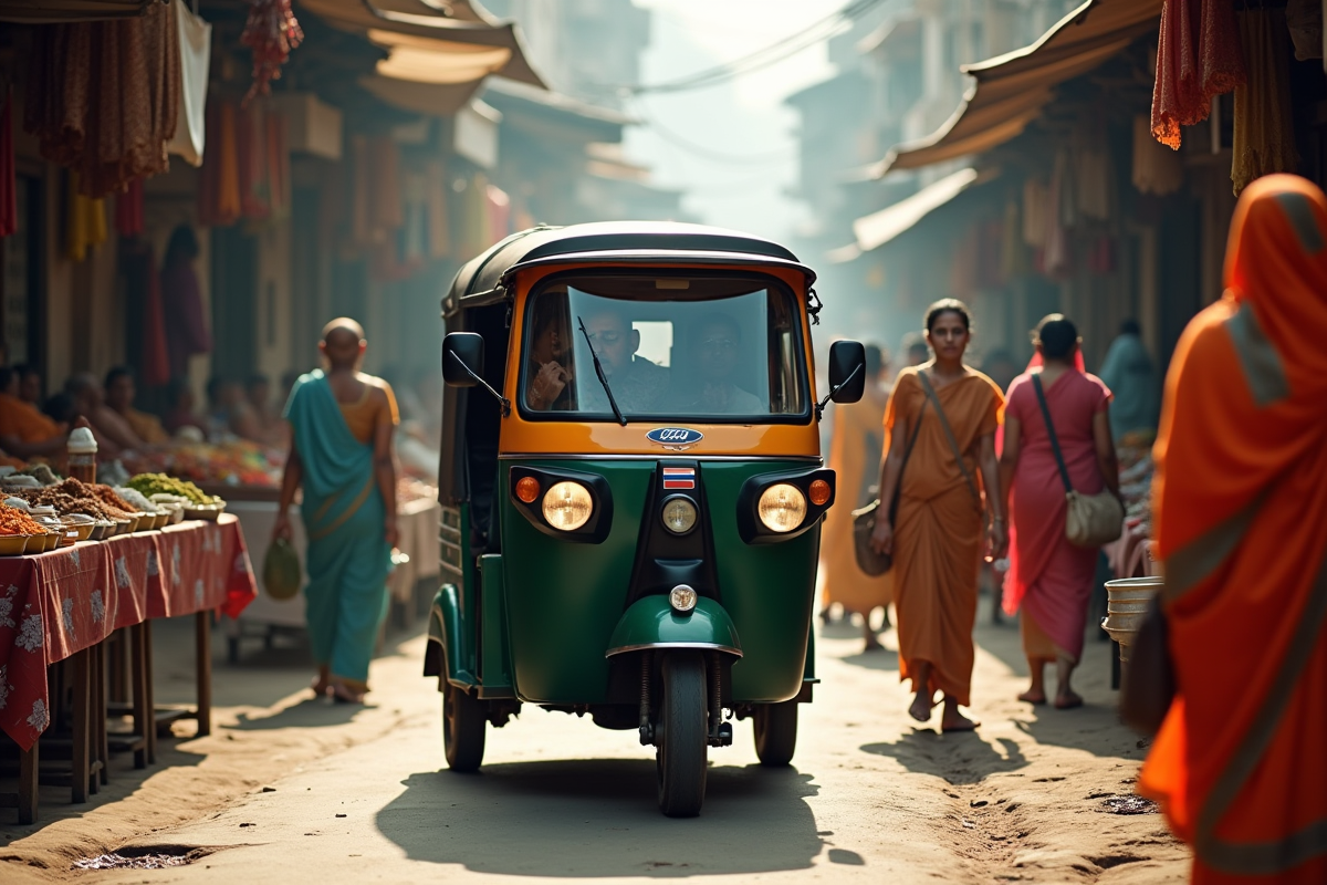 Ancien tuk tuk dans un marché indien animé au matin