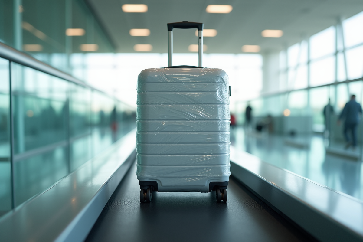 Valise enveloppée de film plastique sur un tapis roulant à l'aéroport