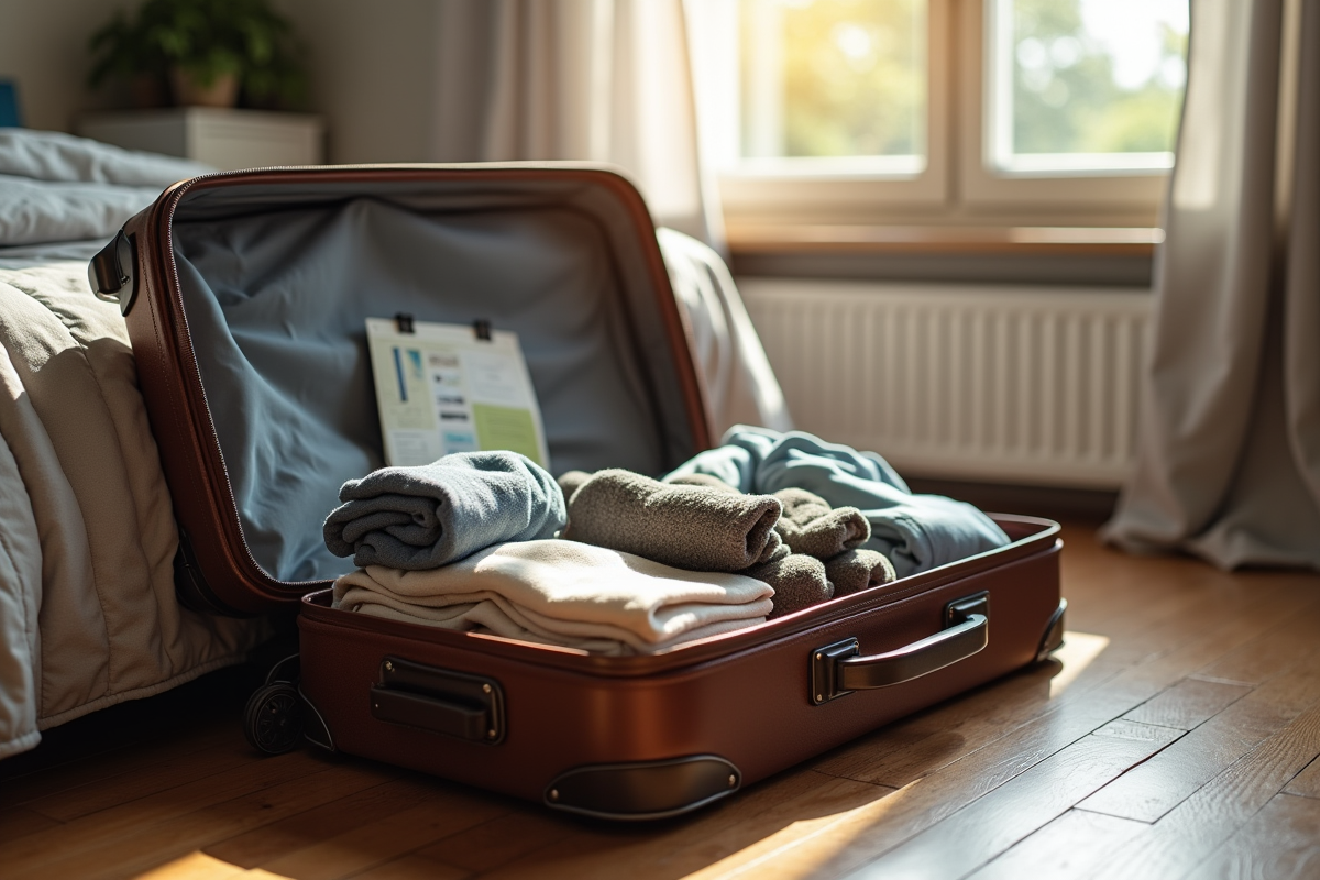 Valise ouverte sur le sol de chambre avec vêtements et documents