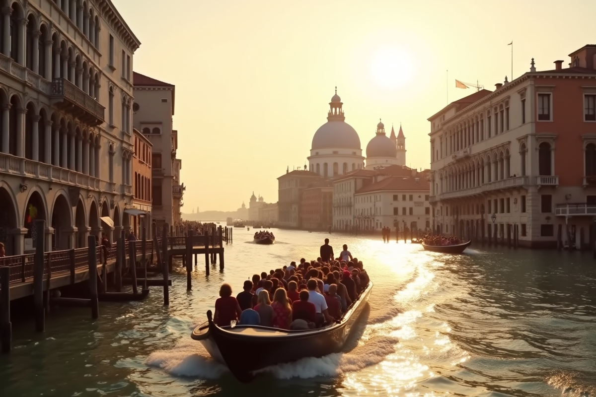 Vaporetto bondé naviguant sur le Grand Canal de Venise