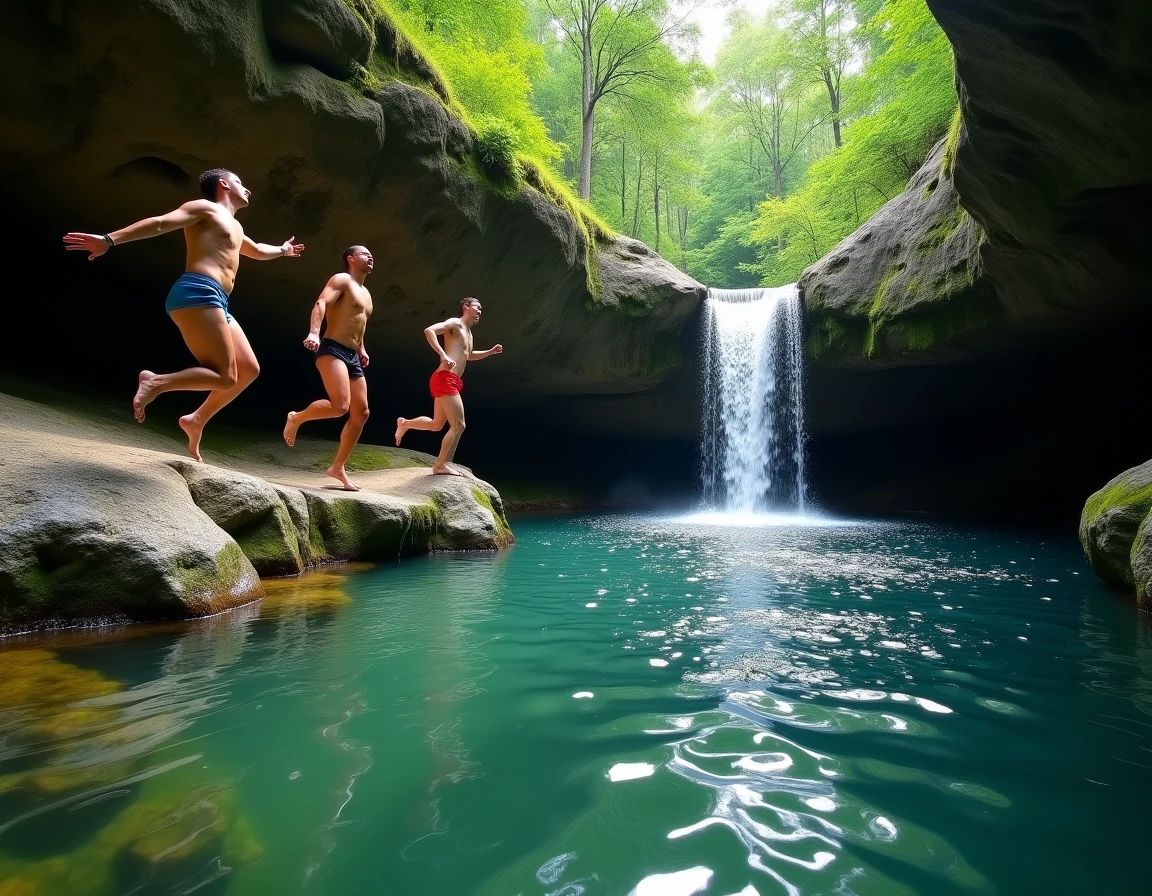 Groupe d'adultes sautant dans une vasque naturelle au pied d'une cascade cachée dans une forêt ardéchoise avec rochers moussus et châtaigniers