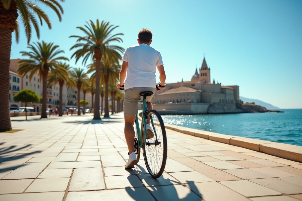 Cycliste en vélo de location sur le front de mer de Palma avec la cathédrale en arrière-plan