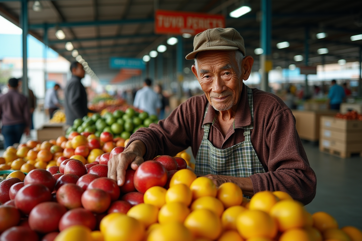 Vieux vendeur de fruits dans un marché intérieur international