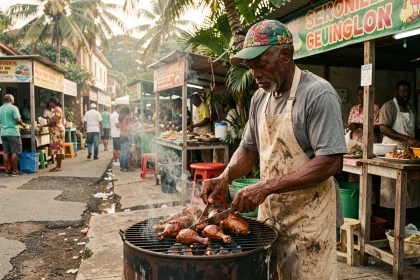 Vendeur de jerk chicken sur un gril traditionnel dans un marché de rue animé à Kingston, Jamaïque