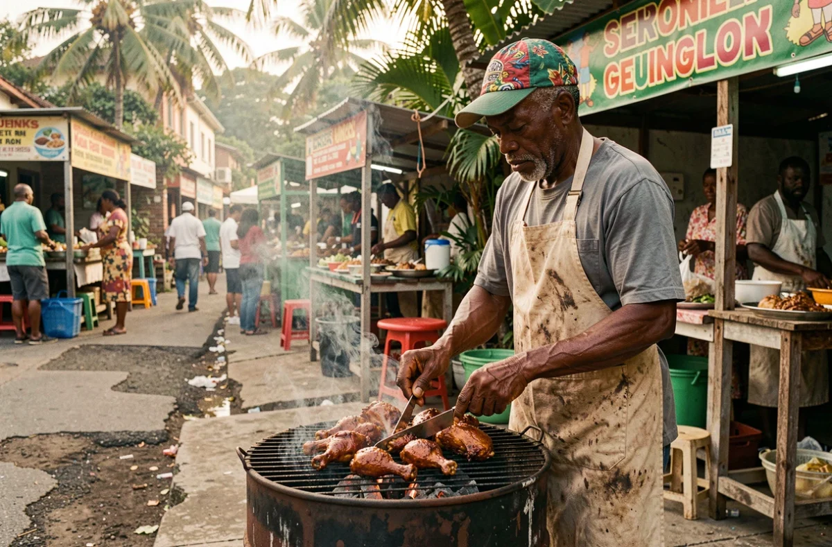Vendeur de jerk chicken sur un gril traditionnel dans un marché de rue animé à Kingston, Jamaïque