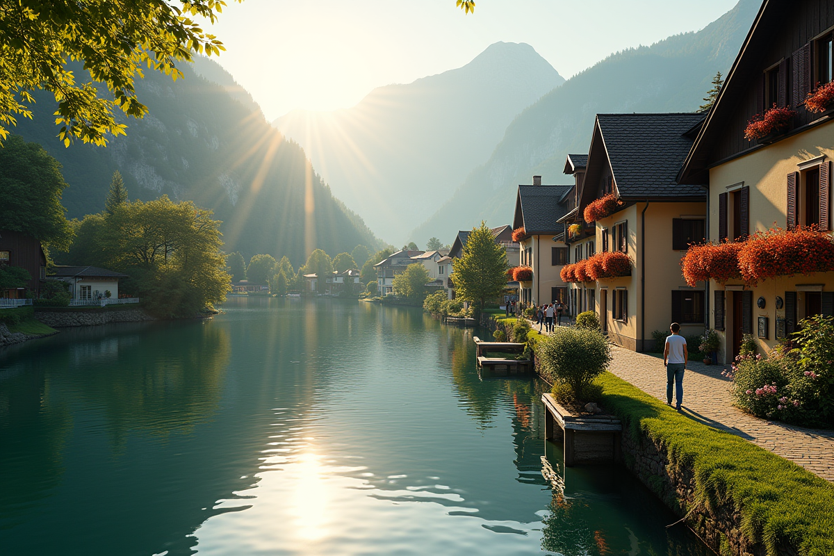 Village au bord du lac en fin d