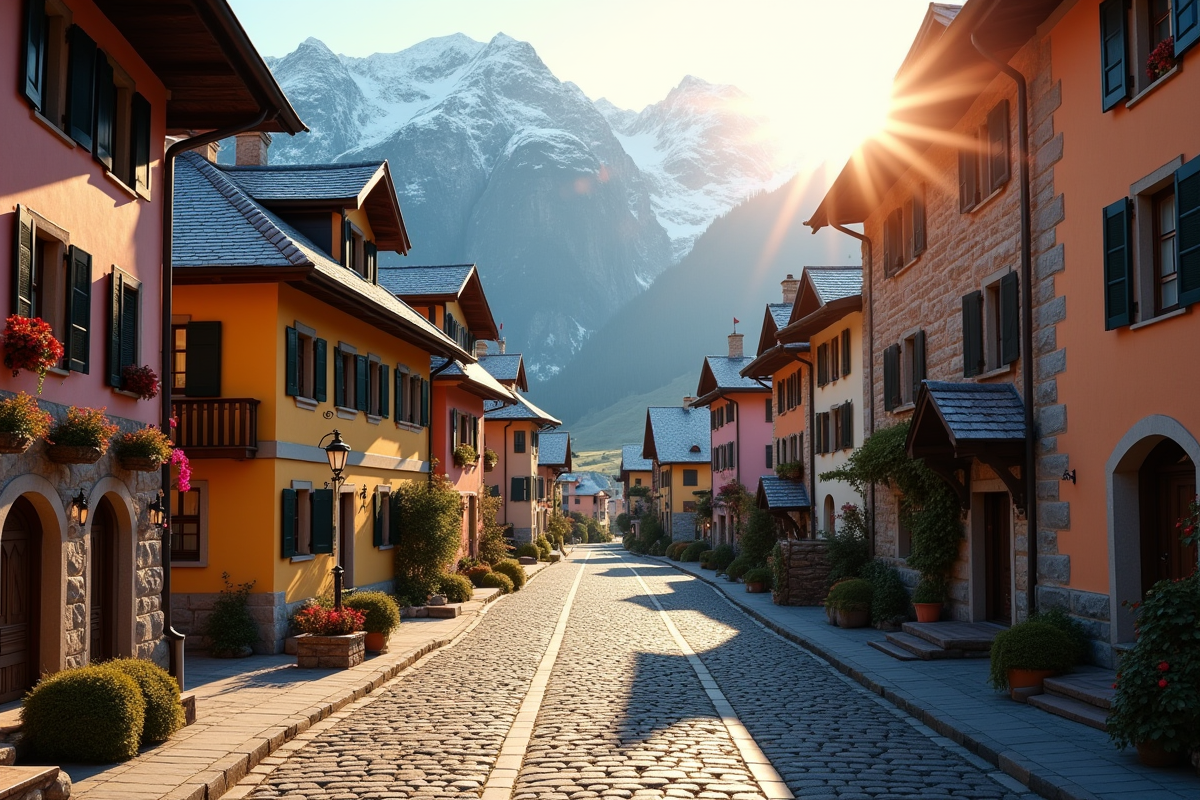 Village de montagne européen au lever du soleil avec maisons colorées
