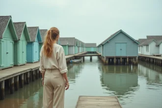 Femme se promenant sur le ponton en bois du village ostréicole de l'Herbe à Arcachon, avec les cabanes colorées et le bassin en arrière-plan