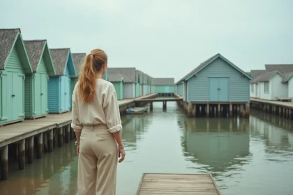 Femme se promenant sur le ponton en bois du village ostréicole de l'Herbe à Arcachon, avec les cabanes colorées et le bassin en arrière-plan
