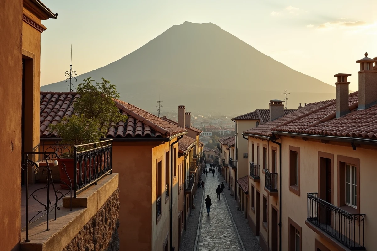 Village sicilien au pied de l'Etna avec le volcan en arrière-plan visible depuis une terrasse avec vue panoramique