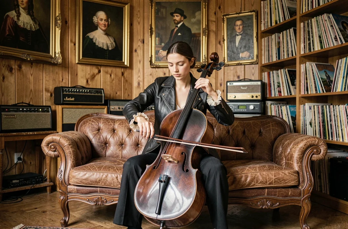 Violoncelliste en veste en cuir avec manchettes en dentelle jouant dans une pièce mêlant vinyles, amplificateurs vintage et tableaux baroques