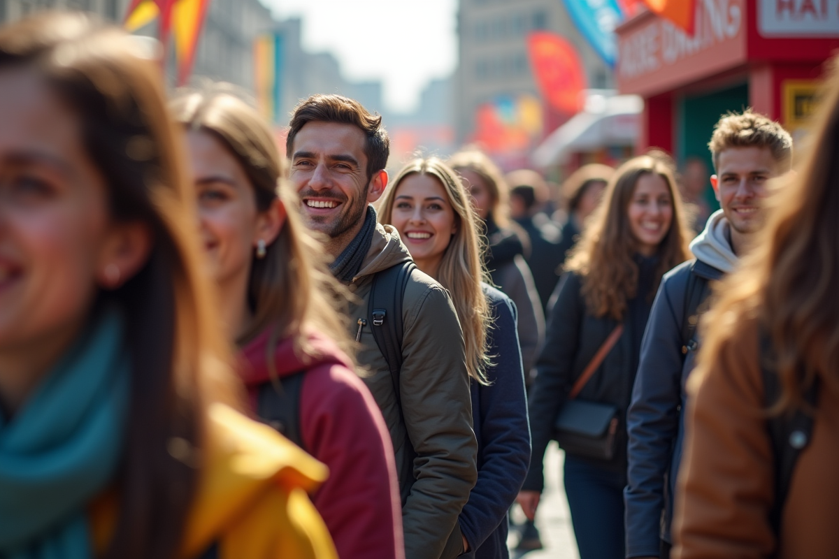 Groupe de visiteurs souriants à l'entrée du salon de Paris