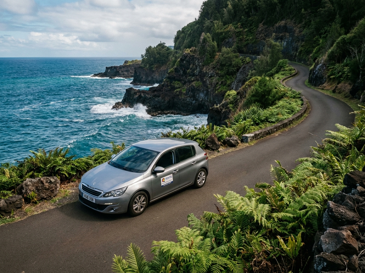 Voiture de location catégorie C sur une route côtière de l'île de la Réunion avec vue sur l'océan Indien