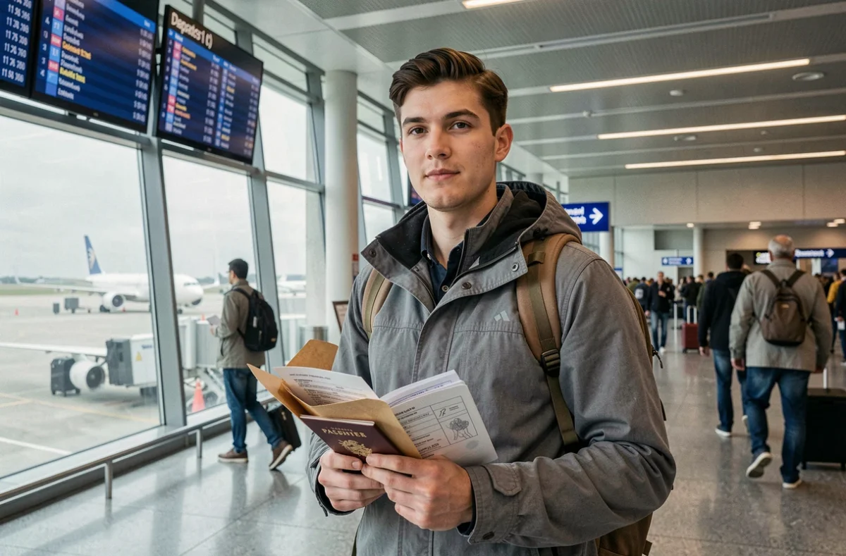 Jeune homme tenant son passeport et des documents médicaux dans un terminal d'aéroport international avant un voyage médical à l'étranger