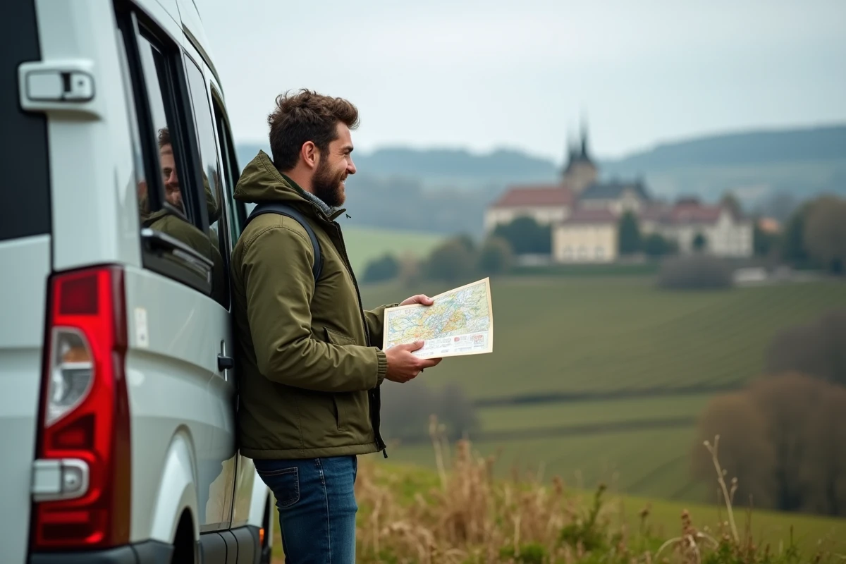 Voyageur avec un atlas routier de l'Allemagne devant un van am&eacute;nag&eacute; sur la Route Romantique allemande