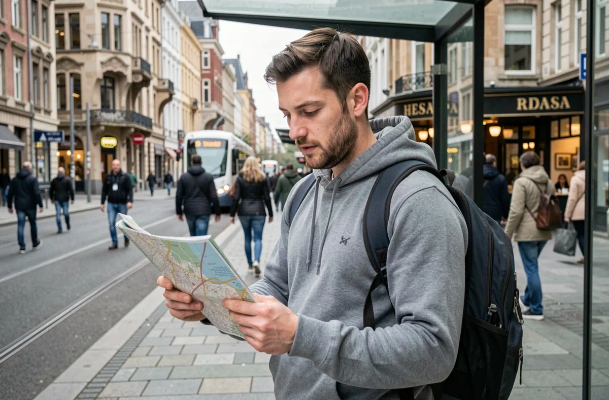 Homme consultant une carte à un arrêt de tram à Bruxelles, guide pratique pour voyager avec un petit budget en Belgique