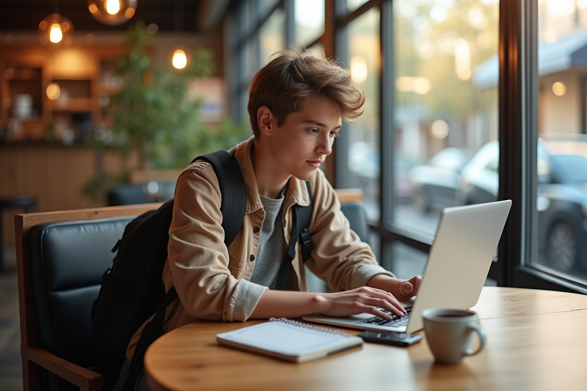 Jeune voyageur travaillant sur un ordinateur portable dans un café lumineux