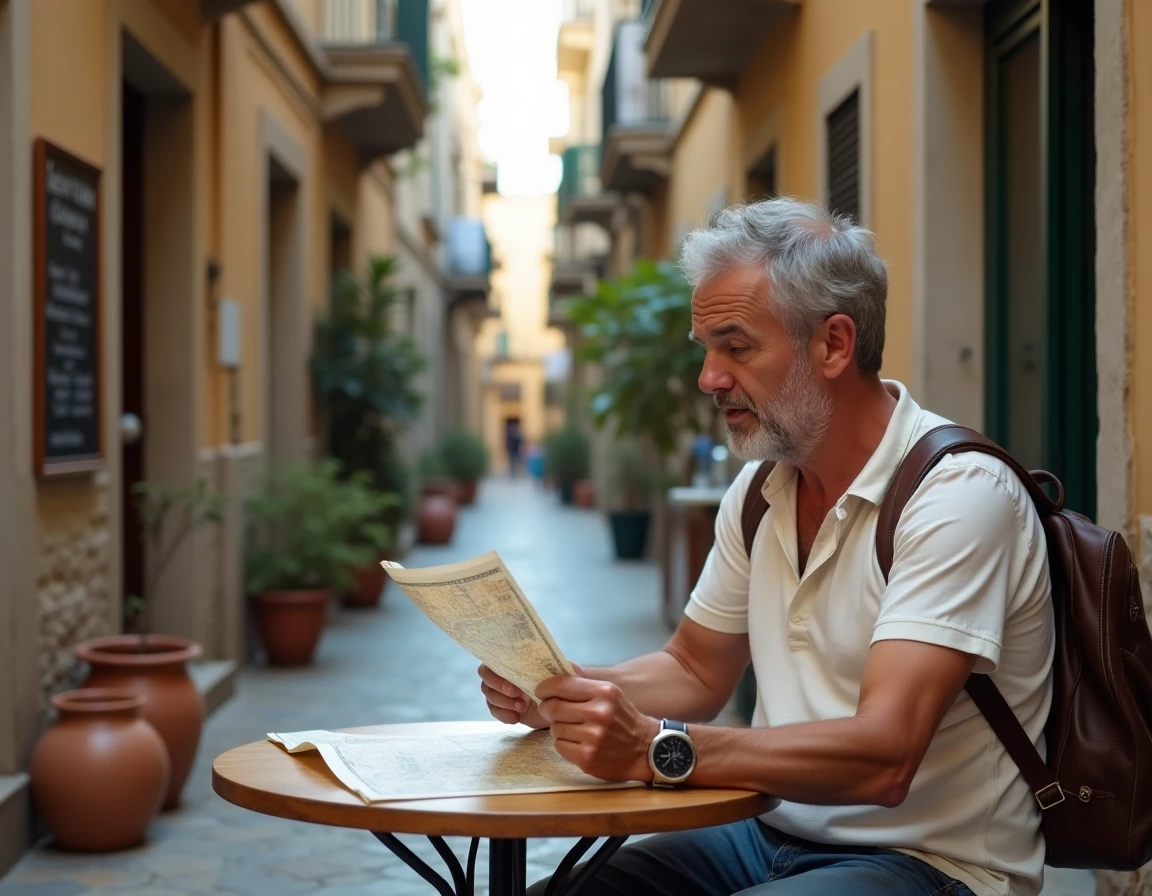 Voyageur consultant une carte papier dans une ruelle pavée d'Héraklion en Crète avec des façades en pierre ancienne