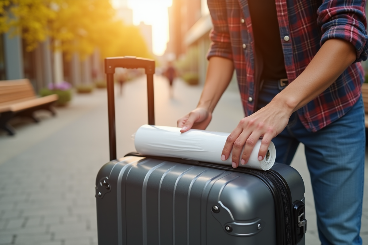 Voyageur emballant sa valise en extérieur sur un trottoir ensoleille