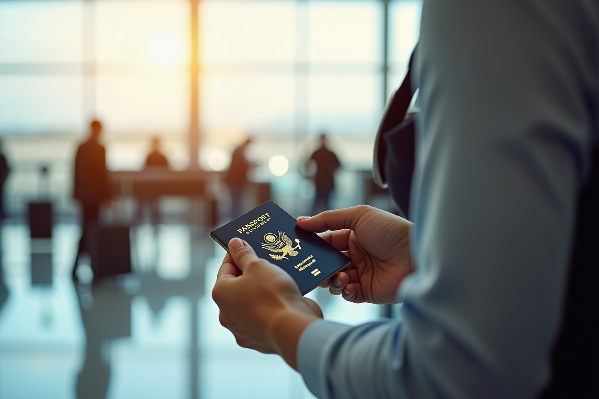 Voyageur à l'aéroport tenant un passeport avec visa américain