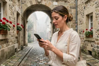 Voyageuse consultant l'application Get Your Guide devant une arche en pierre dans une ville historique française