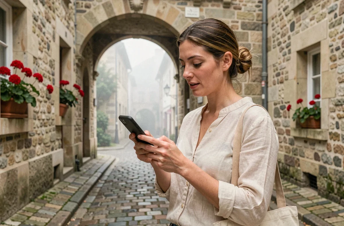 Voyageuse consultant l'application Get Your Guide devant une arche en pierre dans une ville historique française