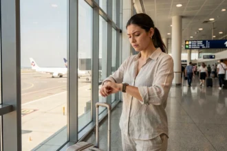 Voyageuse regardant sa montre dans un terminal d'aéroport international pour gérer le décalage horaire entre la France et Miami