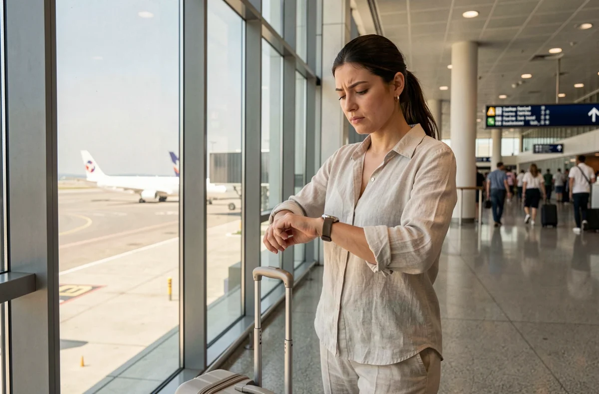 Voyageuse regardant sa montre dans un terminal d'aéroport international pour gérer le décalage horaire entre la France et Miami