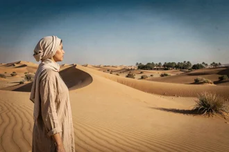 Voyageuse contemplant les grandes dunes de sable doré du désert de Ksar Ghilane en Tunisie