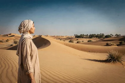 Voyageuse contemplant les grandes dunes de sable doré du désert de Ksar Ghilane en Tunisie
