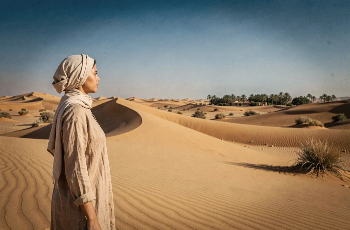 Voyageuse contemplant les grandes dunes de sable doré du désert de Ksar Ghilane en Tunisie