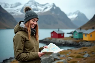 Femme voyageuse souriante près d'un fjord en Norvege