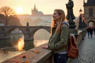 Voyageuse solo sur le pont Charles à Prague contemplant la Vltava en automne