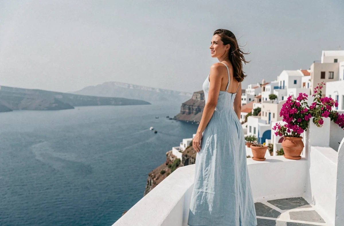 Voyageuse en robe de lin sur une terrasse blanche à Folégandros avec vue sur la mer Égée