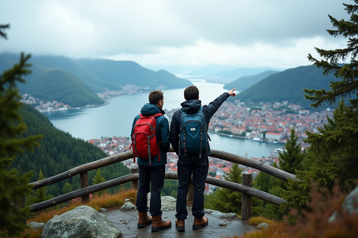 Vue panoramique sur Bergen depuis le mont Fløyen avec un couple de randonneurs observant la ville et les fjords