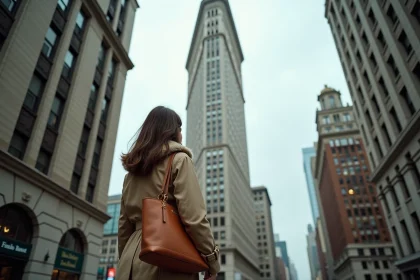 Femme admirant la façade néo-gothique du Woolworth Building à Manhattan, vue en contre-plongée depuis la rue